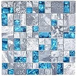 Mosaik Fliese Transluzent grau Kombination Glasmosaik Crystal Stein grau blau für WAND BAD WC DUSCHE KÜCHE FLIESENSPIEGEL THEKENVERKLEIDUNG BADEWANNENVERKLEIDUNG Mosaikmatte Mosaikplatte