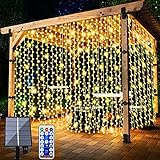 Solar Lichtervorhang Aussen, FANSIR 3 X 3m 300 LED Lichterketten Vorhang 8 Modi Fernbedienung Wasserdicht Solar Lichterketten Aussen für Gartendeko Balkon Hochzeit Weihnachten Innen (Warmweiß)