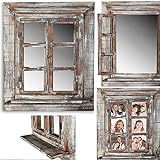 Melko Wandspiegel mit Fensterläden 64x54cm Shabby Chic Spiegelfenster mit Ablage, Fenstertüren als Bilderrahmen 13x13cm nutzbar
