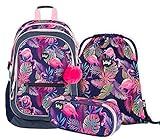 Schulrucksack Set 3 Teilig, Schultasche ab 3. Klasse, Grundschule Ranzen mit Brustgurt, Ergonomischer Schulranzen (Flamingo)