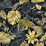 Living Room Grey Wallpaper Peel and Stick Black/Gold Tropical Wallpaper Self Adhesive Vinyl Sticky Back Plastic Roll Leaf Wall Paper Vintage Waterproof Art Deco Lining Paper for Walls 60 x 300cm