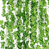 KASZOO® Efeu Künstlich Girlande, 12 Stück Grün Efeu mit Nylon Kabelbinder Pflanzen Efeuranke für Garten Hochzeit Party Wanddekoration
