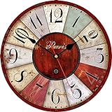 TAHEAT 30 cm Vintage Rot Wanduhr, Uhren im Französischen Pariser Stil, Lautlos Ohne Tickgeräusche Landhausstil Retro Uhren, Holz Wanddekoration für Küche/Wohnzimmer/Schlafzimmer/Büro