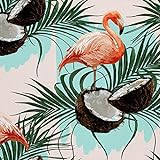 HEKO PANELS Stoff Oxford Wasserdichte Meterware Canvas-Stoff Polyester Stoff Zum Nähen Nähstoffe Dekostoffe Wasserabweisend Blickdicht Flamingos Kokosnüsse 1 Meter 155 x 100 cm