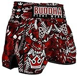 Buddha Fight Wear – Muay Thai- und Kickbox-Hose, europäisches Teufelsmodell – Premium-Satin-Stoff – NEUES europäisches Muster – tolle Anpassung an die Morphologie jedes Kämpfers – Rot – Größe L