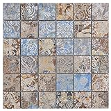 Retro Vintage Mosaikfliesen Teppichornamente Blau-Beige Mosaikmatte: 29,5x29,5 cm Keramik Wand/Boden, Innen/Außen, Mosaik Fliesen, WC BAD KÜCHE FLIESENSPIEGEL (Mosaikstein: 4,7x4,7 cm)