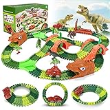 Dinosaurier Rennstrecke Auto Spielzeug Set, 265 Stück Dinosaurier Spielzeug Set mit 2 Leuchtenden Dinosaurier Auto, Flexible Bahngleise Spielset mit Dinosaurier Lernspiele Geschenke für Kinder