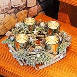 Kamaca Adventskranz aus massiven Holzzweigen mit Deko wie Tannenzweigen und Glas Kerzenhaltern inklusive 4 LED Teelichter Advent Weihnachten (grün braun)