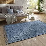 Taracarpet Handwebteppich Läufer Fleckerl Teppich Uni waschbar aus Baumwolle für Wohnzimmer und Küchenteppich 160x230 cm blau