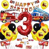 37 Stück Kindergeburtstag Feuerwehrauto Deko, Feuerwehr Deko 3. Geburtstag Junge, Feuerwehrauto Folienballon, Luftballon, Happy Birthday Banner für Feuerwehr Geburtstag Deko 3 Jahre