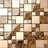 Glas und gebürstetem Edelstahl Mosaik Fliesen Matte in Gold (MT0087) Die Stärke beträgt 8mm für Wände