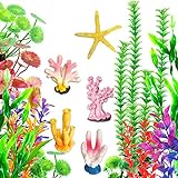 OrgMemory Plastikpflanzen für Aquarien, Aquarium Wasserpflanzen mit Korallen, (19 Stück, 12-37cm), Fisch Tank Dekoration
