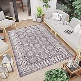 carpet city Teppich Outdoor Grau - 80x150 cm - Außenbereich Wetterfest Balkon Terrasse - Bordüre Ornamente - Indoor Wohnzimmerteppich