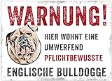 Cadouri Hunde-Warnschild WARNUNG! mit Englischer Bulldogge┊UV-beständig┊Türschild mit Hundemotiv 28 x 20 cm┊tolle Geschenkidee für Hundebesitzer