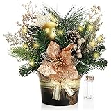 com-four® Weihnachtsgesteck mit LED im Blumentopf - Zapfen, Zweige und Beeren im dekorativen Blumentopf - 10 warmweiße LED mit Timer als Tischdeko (1 Stück - 25cm - LED - goldfarben)