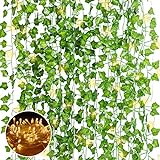 N&T NIETING Efeu Künstlich, 12 Stück Gefälschte Efeugirlande mit 80 LEDs Licht, Hängende Efeurankenpflanze für Hochzeit, Party, Garten, Wanddekoration