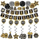 40 Geburtstag deko männer frauen - (21pack) cheers to 40 years schwarz gold glitzer Banner, 6 Seidenpapier Pompons, 6 Stück Spiral Girlanden, 7 Deko aufkleber. 40 geburtstag geschenk