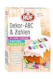 RUF Dekor ABC-Buchstaben und Zahlen, aus weißer Schokolade mit natürlichen Farben aus Lebensmitteln, in grün, pink und blau, glutenfrei, 1x32g (Die Verpackung kann variieren)